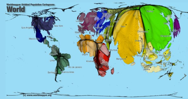 Wrold Mapper Gridded Pop Cartogram
