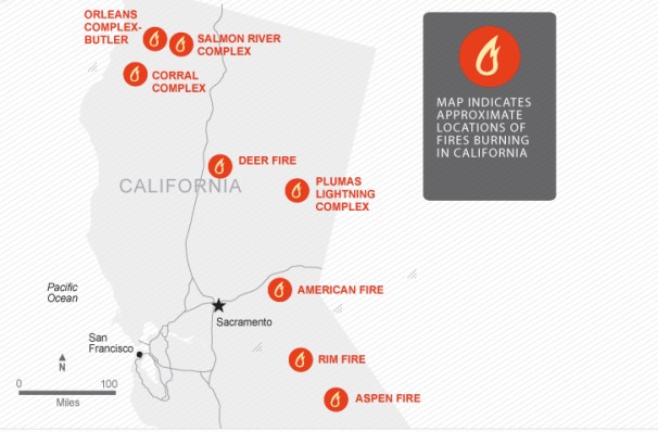 Fires in NoCal Cal Dept Forestetry and Fire Protection (CAL FIRE), National Climactic Data Center, USA TODAY research 8:25