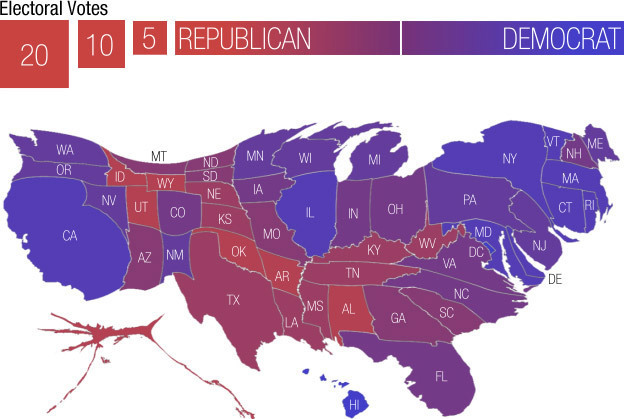 The United States, with state sized based on electoral votes.