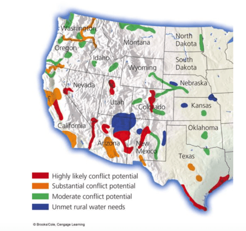 Hotspots in 17 Western states for water conflicts.png