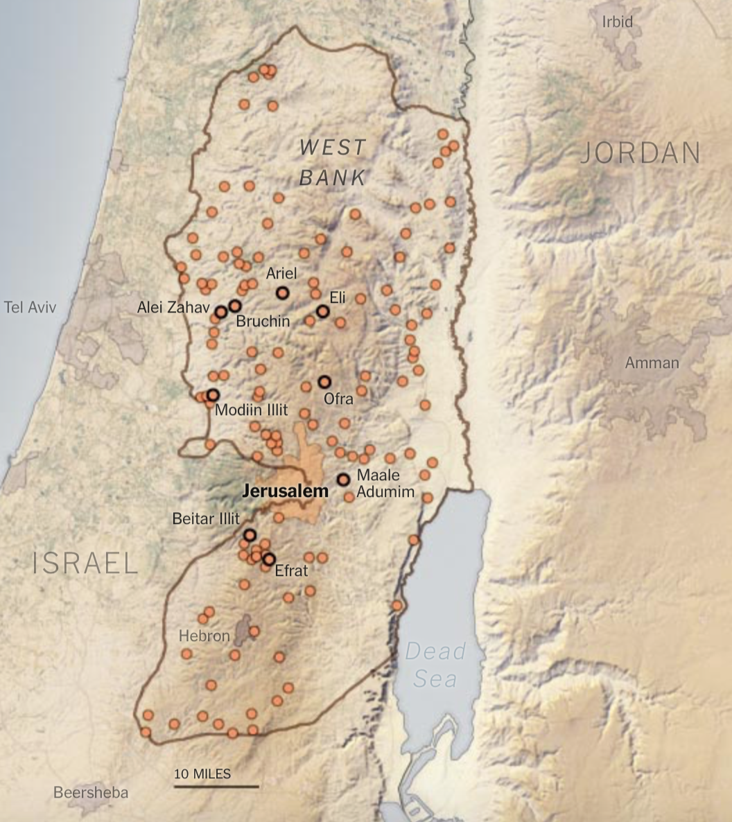 Settlements in West Bank NYT : Peace Now Setlement locations.png
