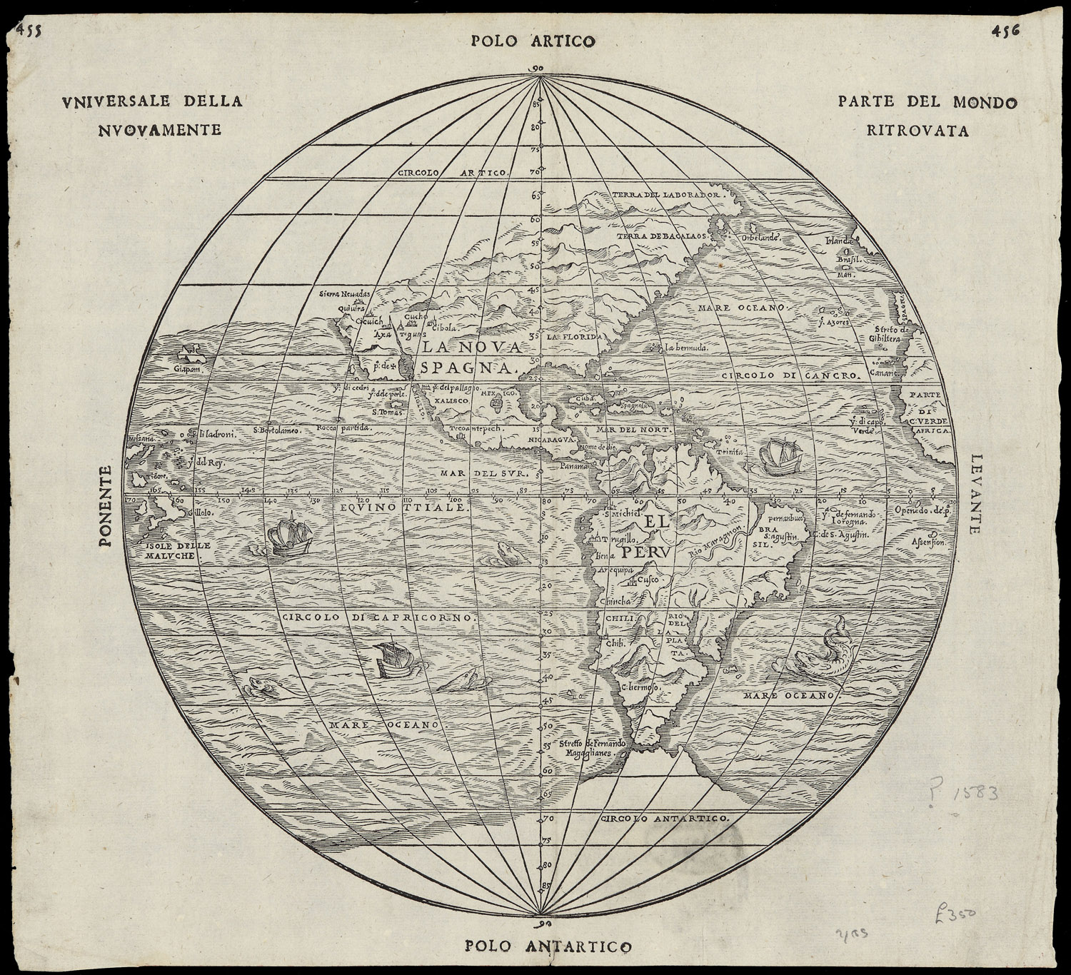 Globular Italian Map Parte del Mondo Ritrovato 1583