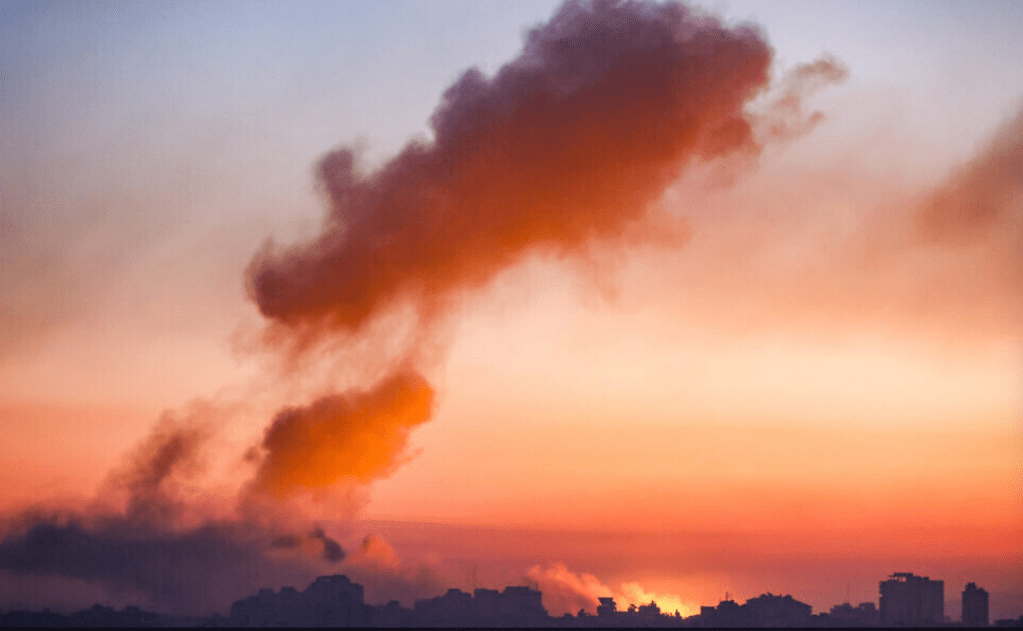 Smoke rises after an Israeli airstrike in Gaza City, on October 13, 2023. (Atia Mohammed/Flash90)